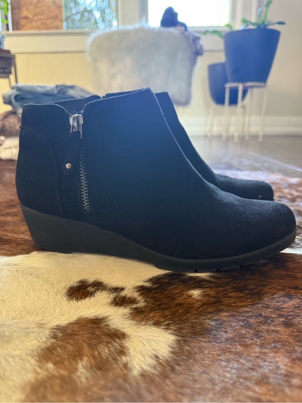 East 5th Black Suede Wedge Ankle Booties with Side Zip